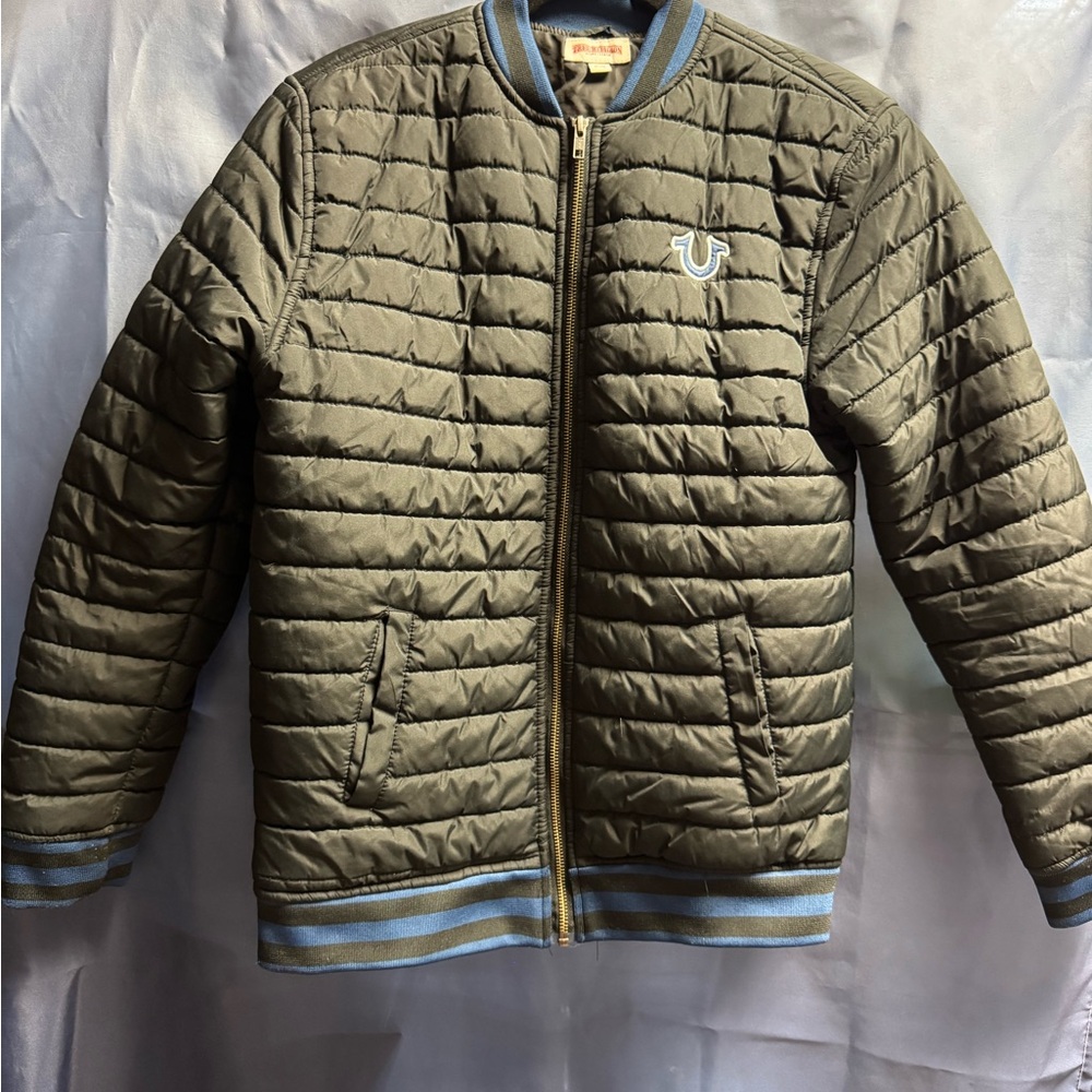 True Religion Men's Quilted Bomber Jacket - Black with Blue Accents